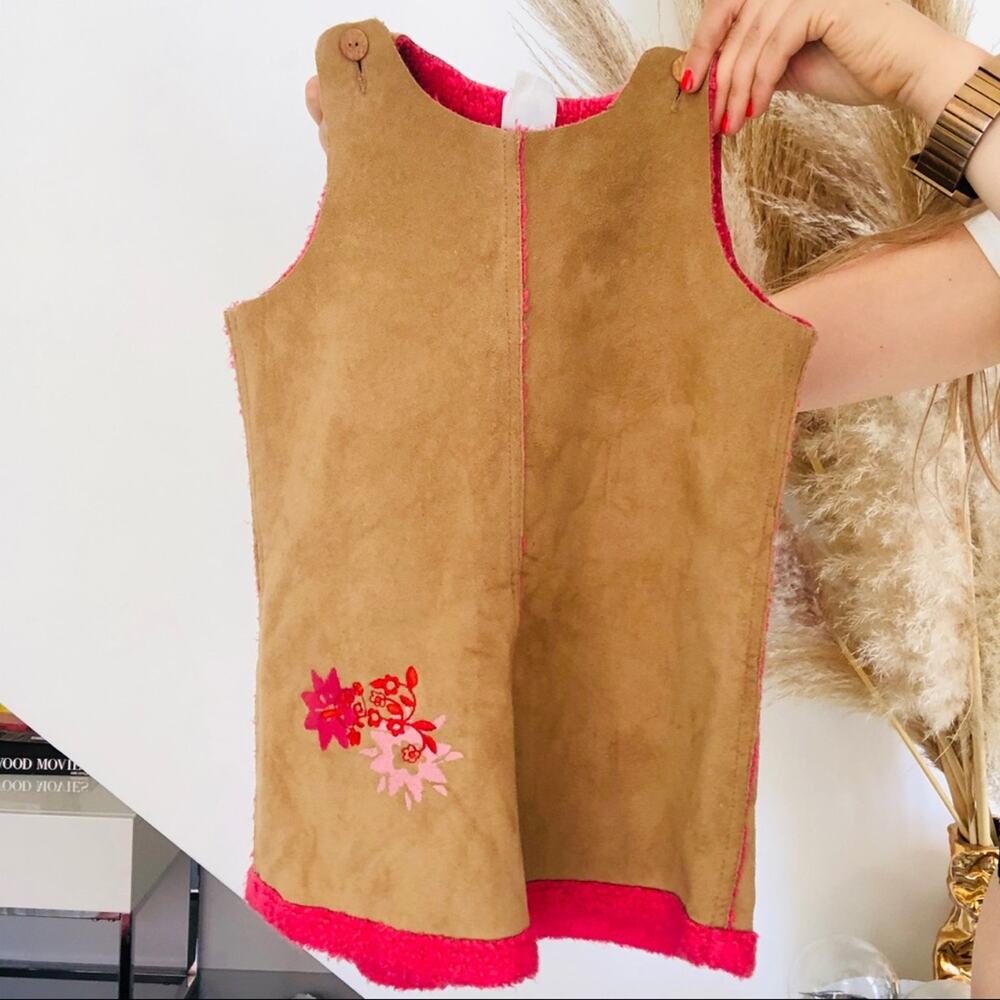 OILILY Brown Neon Pink Shearling Lined Faux Suede Tank Top Dress Floral 92 2T 24